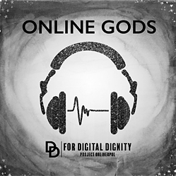 Cover of the podcast Online-Gods shown, with headphones in the middle.