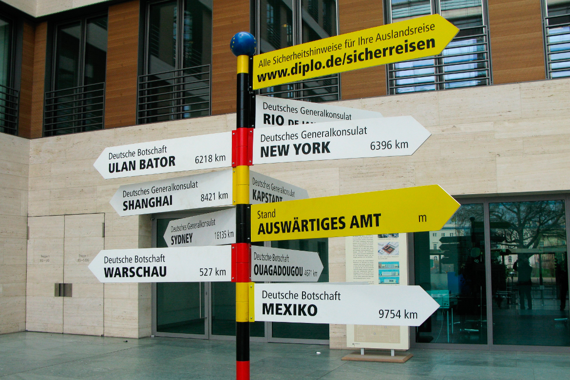 Signpost in the entry hall of the German Federal Foreign Office showing the distances to German missions abroad. 