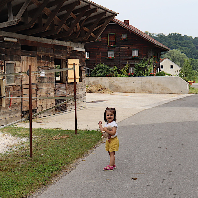 A child standing in front of a wooden hut and a traditional wooden house