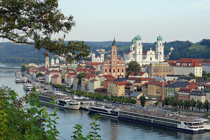 The old city of Passau with its three rivers seen from a small hill