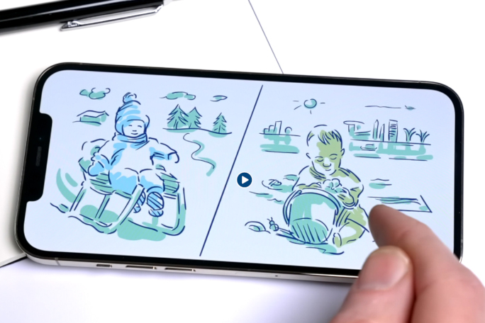 Sketches of children on a mobile phone: They ride a sledge and play in the sand pit.