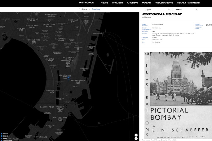 A screenshot from the Metromod Website about modern art and exile showing a map of Bombay and the cover of a journal called "Pictorial Bombay" 40 illustrations by E.N. Schaeffer.