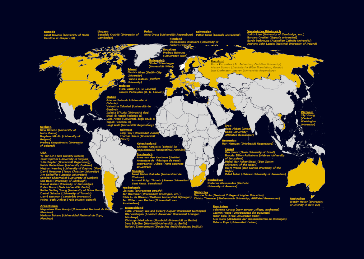 World Map with names of researchers and indications where they come from.