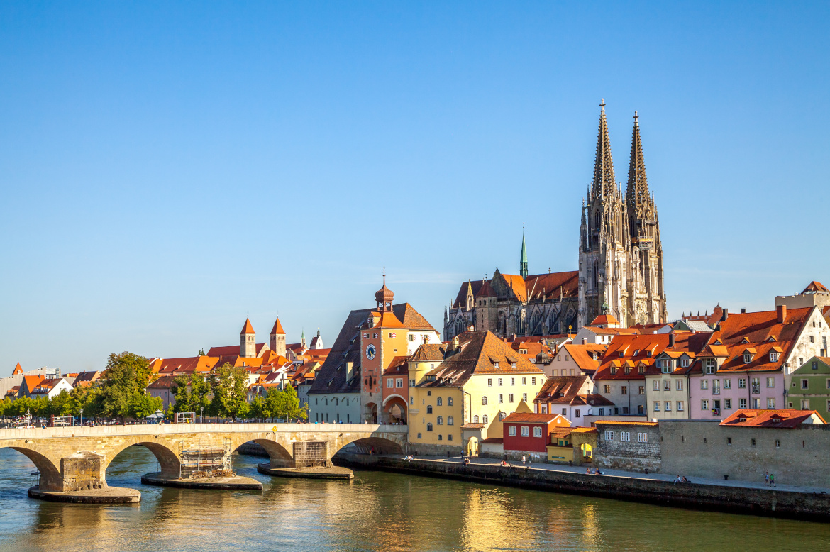 Panoramic view of Regensburg, with brige and river in the foreground