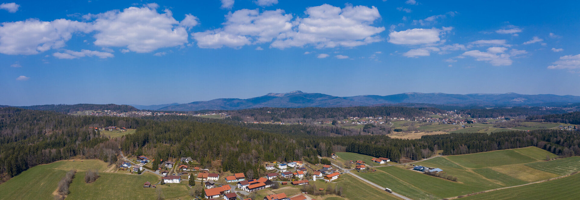 aereal photography of a village surrounded by fields and wood