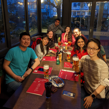 Sara with a group of friends in a pub