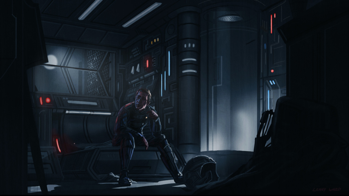 A man in a dark room kneeing on the floor