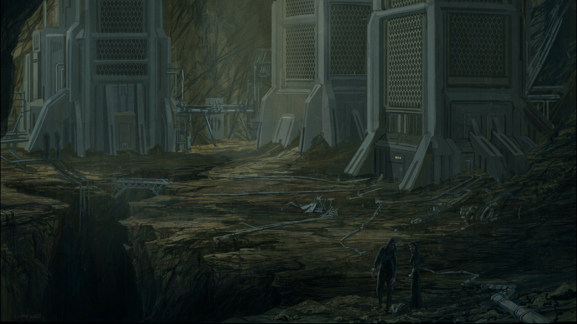 Two people standing outside in front of buildings
