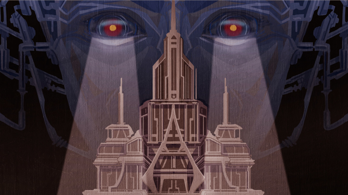 Top of a building with a dark creature looking at it from abovett 