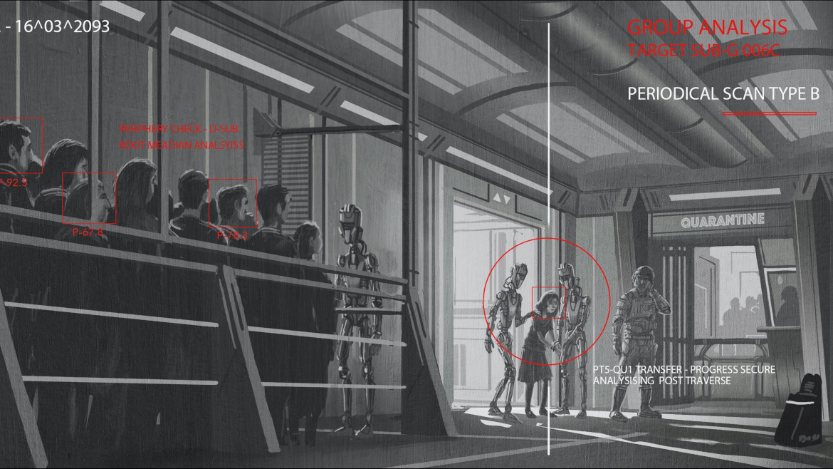 Robots leading a handcuffed women in a room