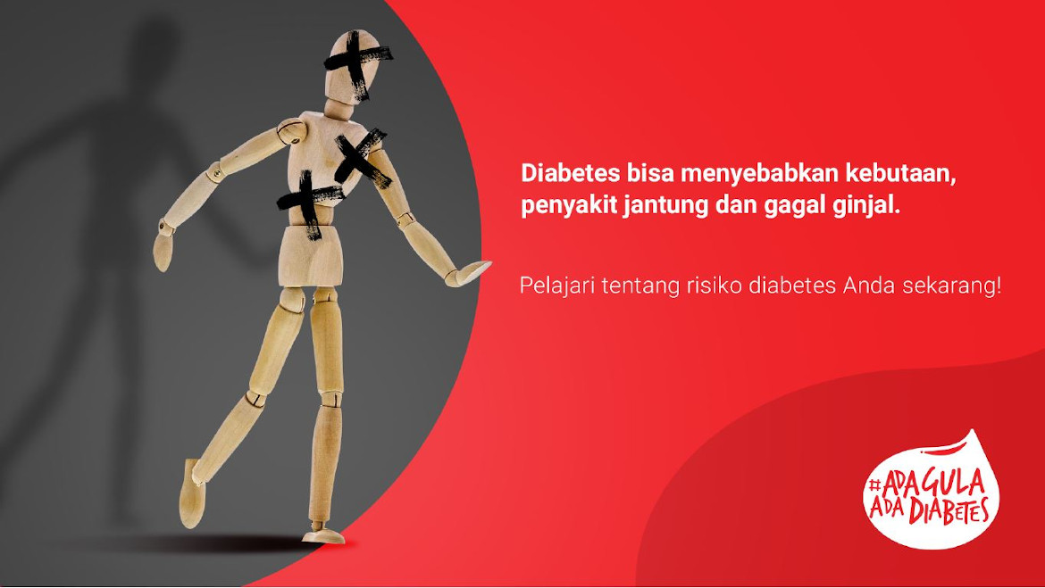 Facebook ad showing a mannequin made out of wood with black crosses on eyes, heart and liver. The Hashtag "Ada Gula, Ada Diabetes" is included. 