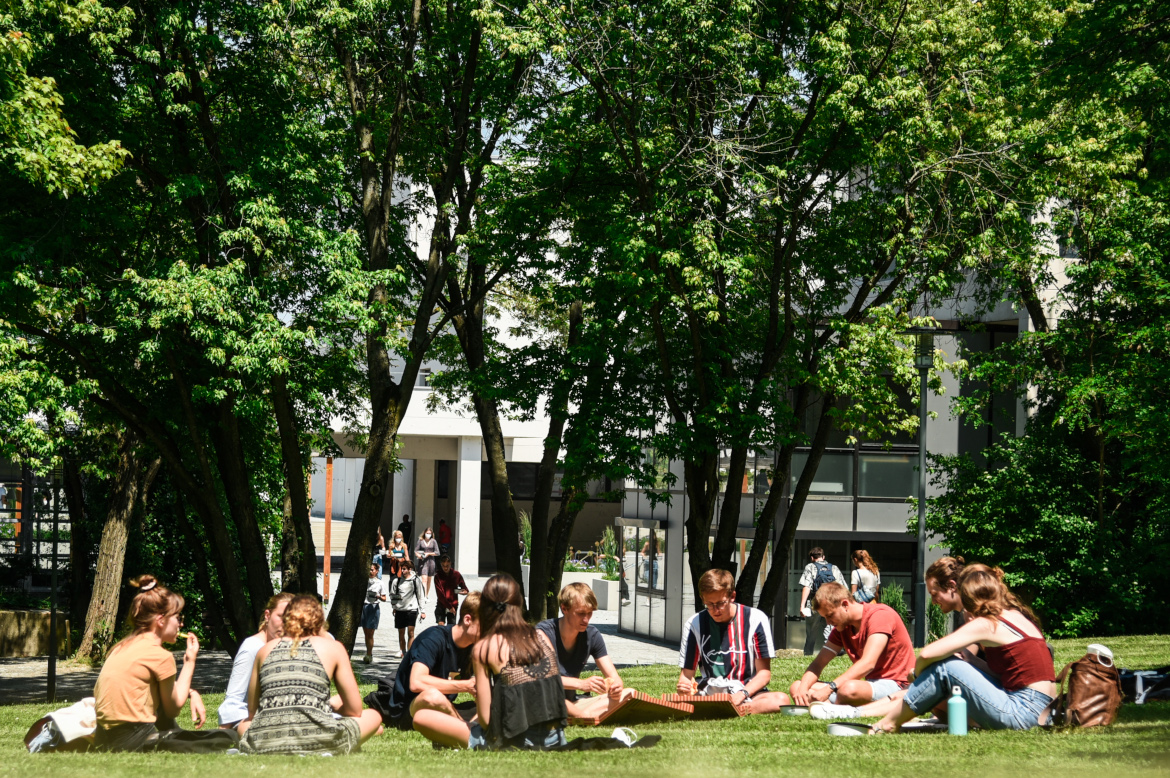 Students of Area Studies sitting in the grass for a seminar.